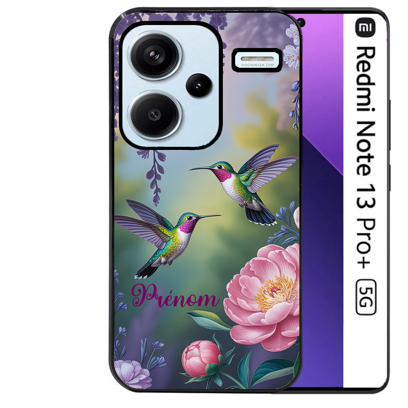 Coque noire taperso pour Redmi Note 13 PRO PLUS 5G avec motif colibri couple personnalise protection antichoc personnalisée