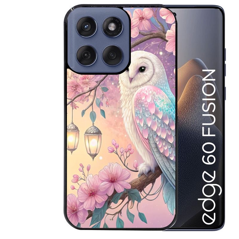Coque noire taperso pour Moto Edge 60 et Neo Fusion Pro avec motif chouette cerisier protection antichoc personnalisée