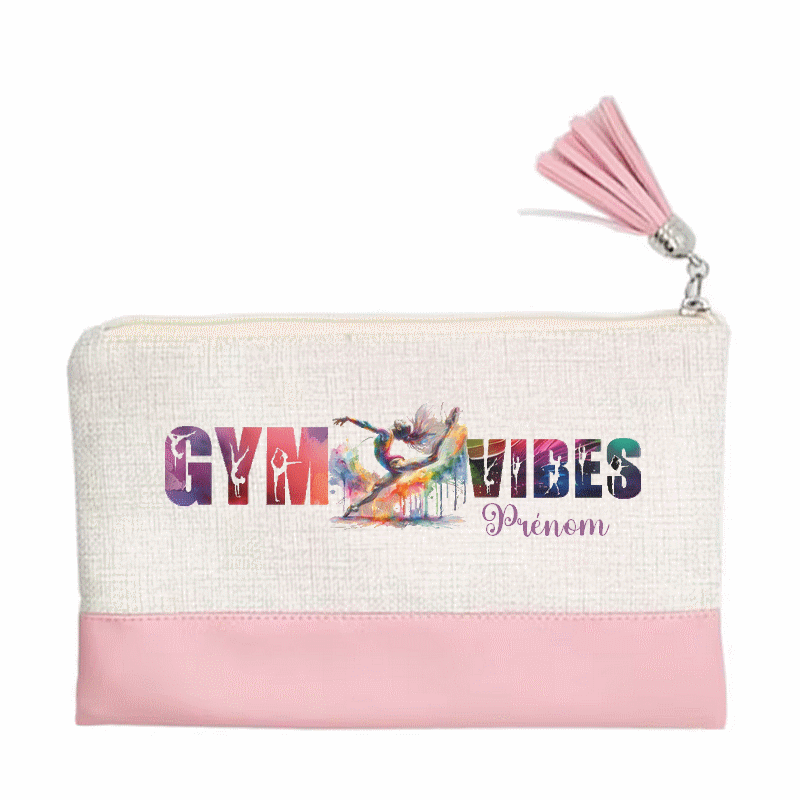 Pochette personnalisée de maquillage maniques Taperso argent avec motif gym vibes en toile et simili cuir personnalisée