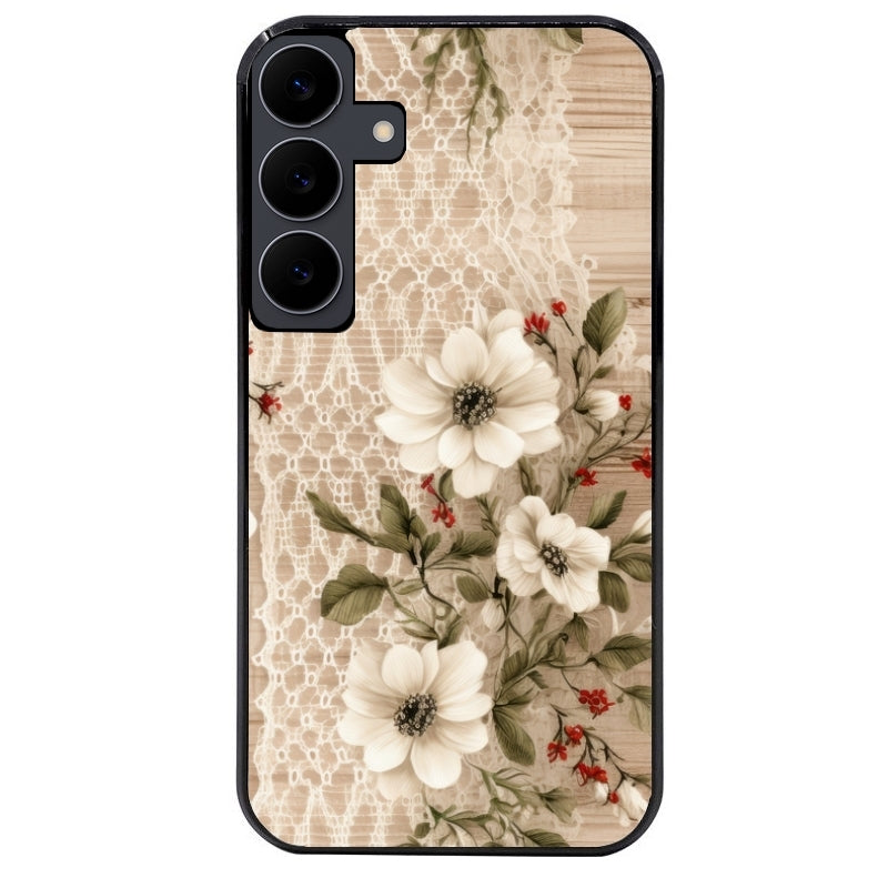Coque noire taperso pour galaxy S24 et PLUS ULTRA FE avec motif bois et dentelle 2 protection antichoc personnalisée