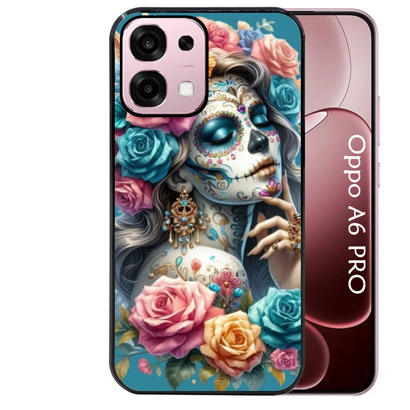 Coque noire taperso pour OPPO A6 PRO 4G et 5G avec motif tete de mort calavera bleu protection antichoc personnalisée