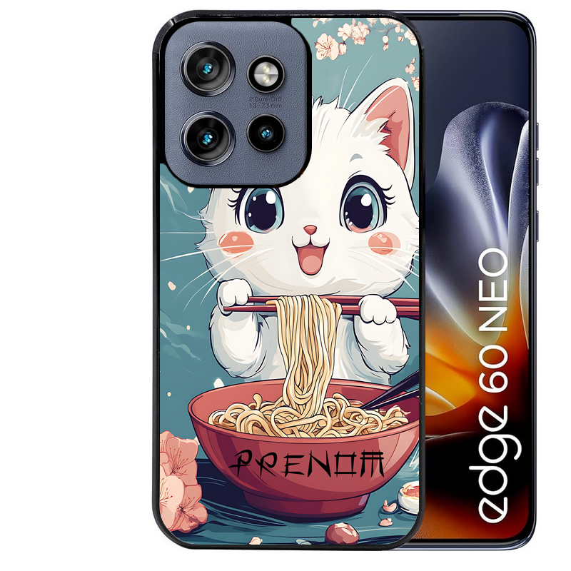 Coque noire taperso pour Moto Edge 60 et Neo Fusion Pro avec motif chat ramen cerisier protection antichoc personnalisée