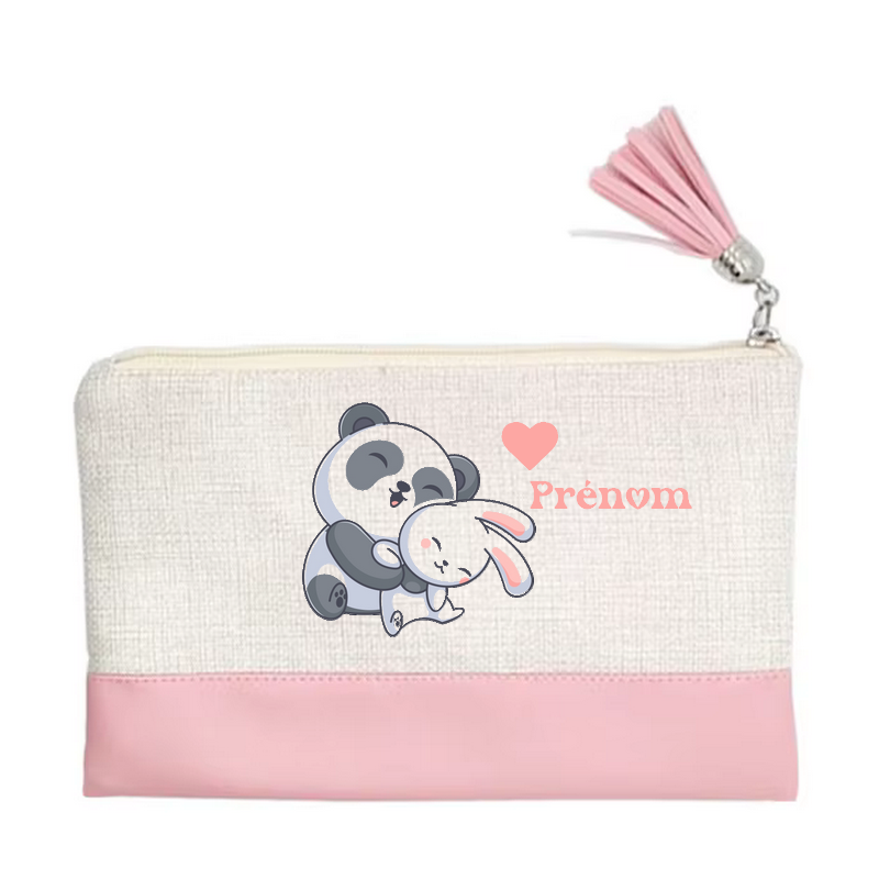 Pochette personnalisée motif panda et lapin en toile et simili cuir personnalisée