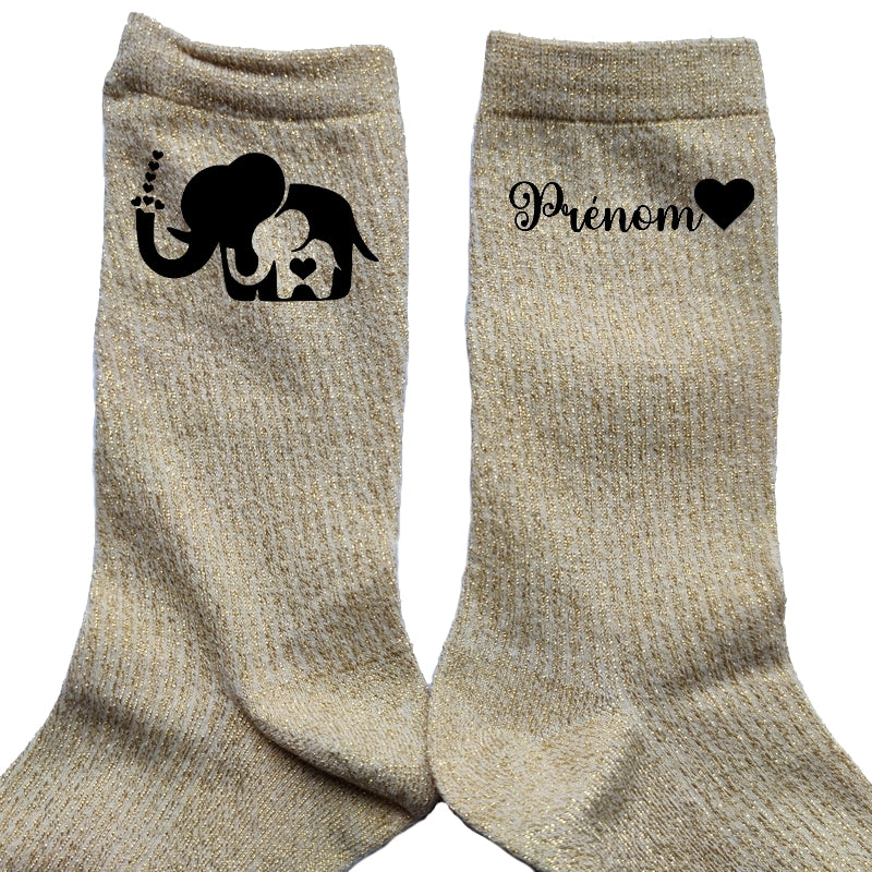 Chaussettes personnalisées paillettes doré motif éléphant maman