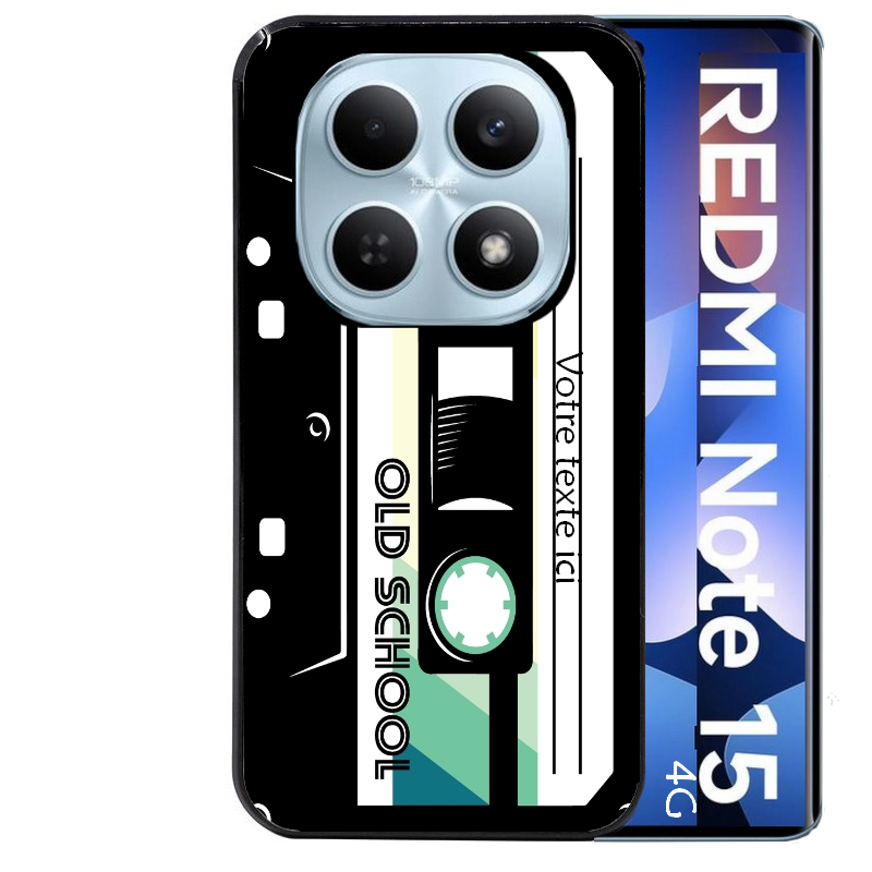 Coque noire taperso pour Redmi Note 15 et PRO PLUS 4G 5G personnalisable avec motif cassette vintage protection antichoc personnalisée