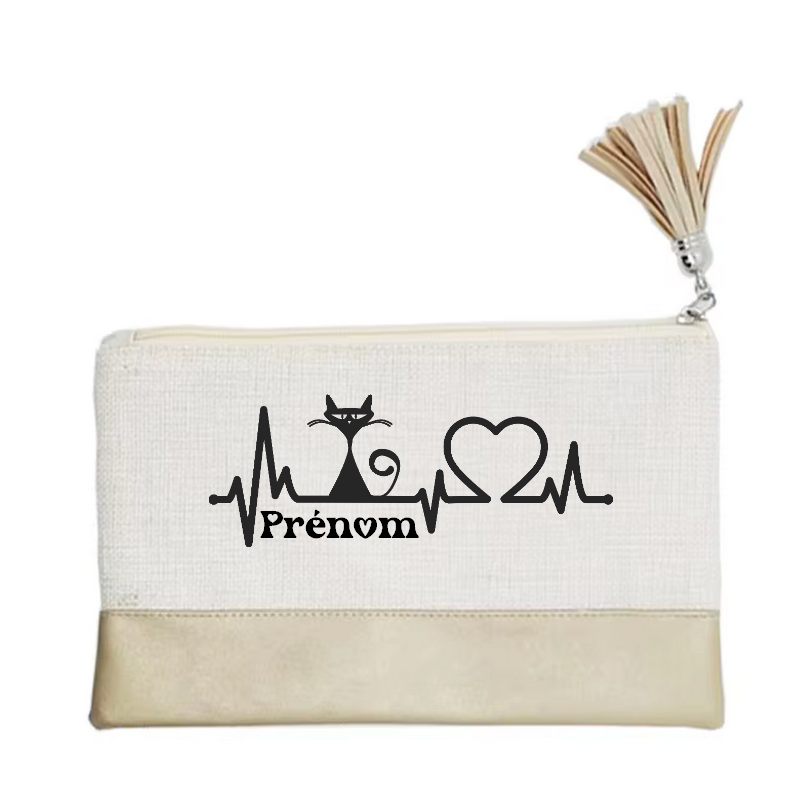 Pochette personnalisée motif chat heartbeat en toile et simili cuir personnalisée