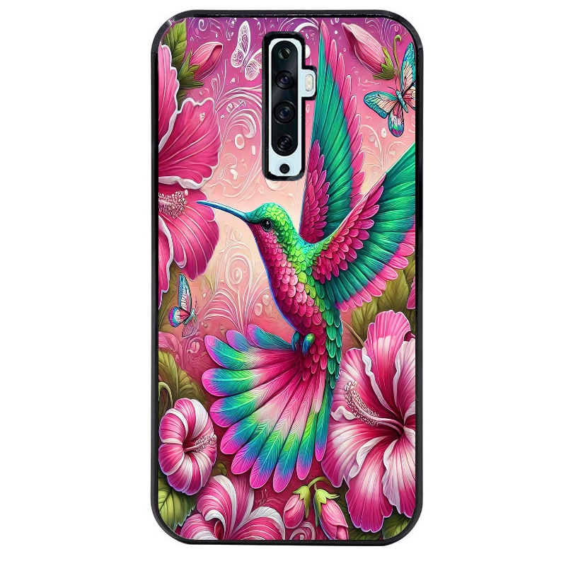 Coque noire taperso pour OPPO Reno 2 et 2Z avec motif colibri et fleurs protection antichoc personnalisée