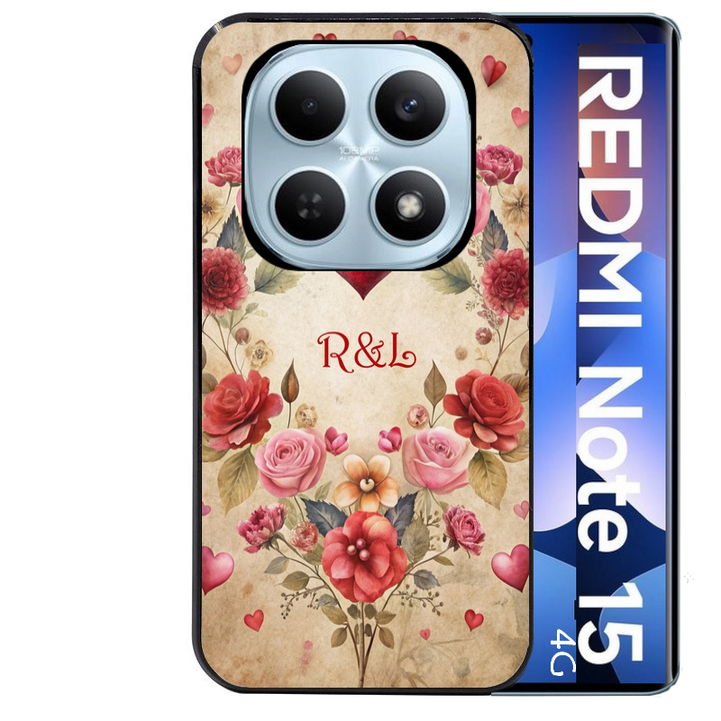 Coque noire taperso pour Redmi Note 15 et PRO PLUS 4G 5G avec motif coeur vintage et initiales personnalisee protection antichoc personnalisée