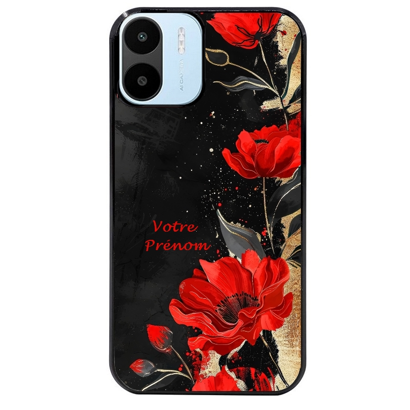 Coque noire taperso pour Redmi A1 et A2 avec motif fleur rouge avec prenom protection antichoc personnalisée
