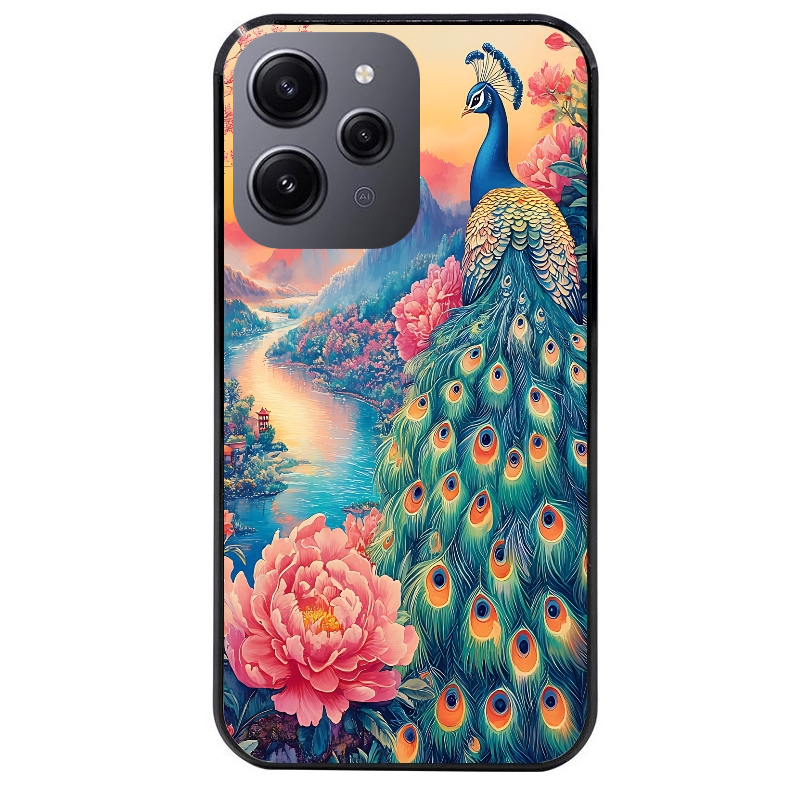 Coque noire taperso pour Redmi 12 4G et 5G avec motif paon japan protection antichoc personnalisée