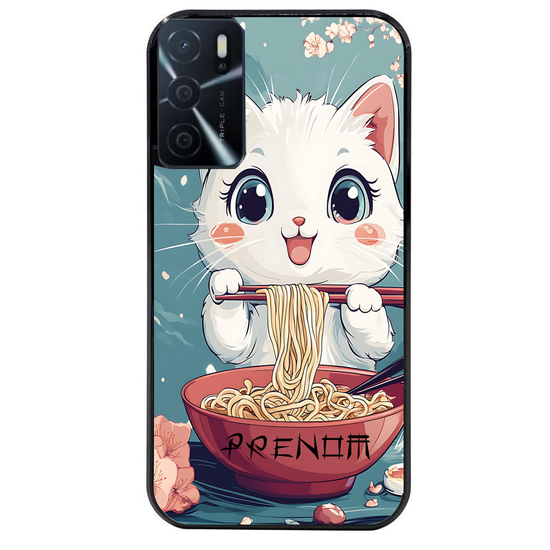 Coque noire taperso pour OPPO A16 et A16S avec motif chat ramen cerisier protection antichoc personnalisée