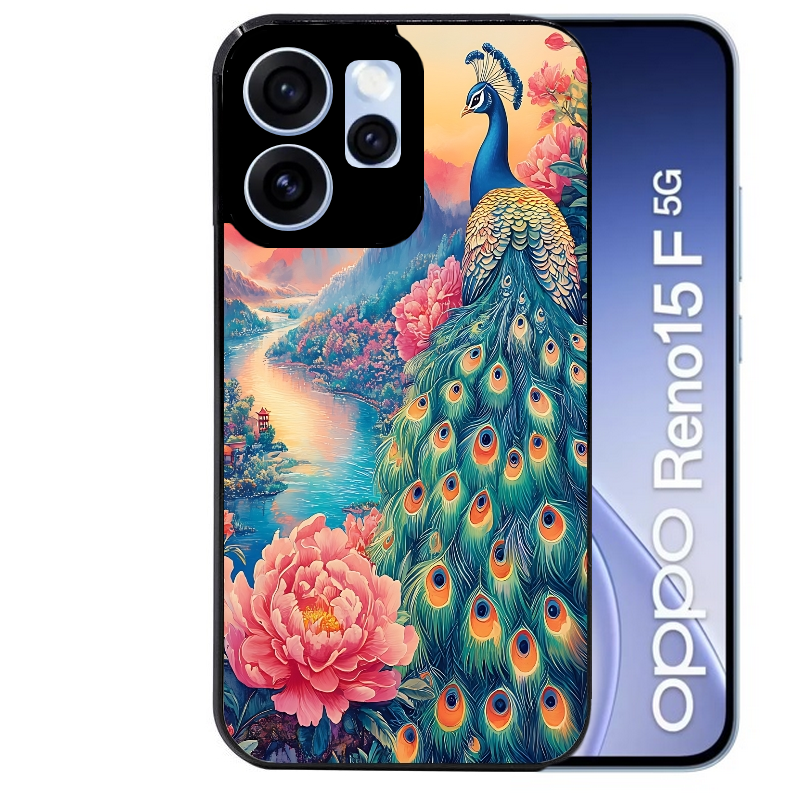 Coque noire taperso pour OPPO Reno 15 et F FS 5G avec motif paon japan protection antichoc personnalisée