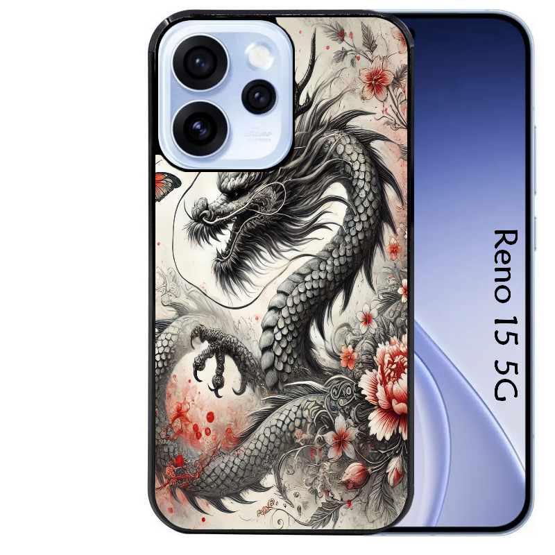 Coque noire taperso pour OPPO Reno 15 et F FS 5G avec motif dragon japan protection antichoc personnalisée
