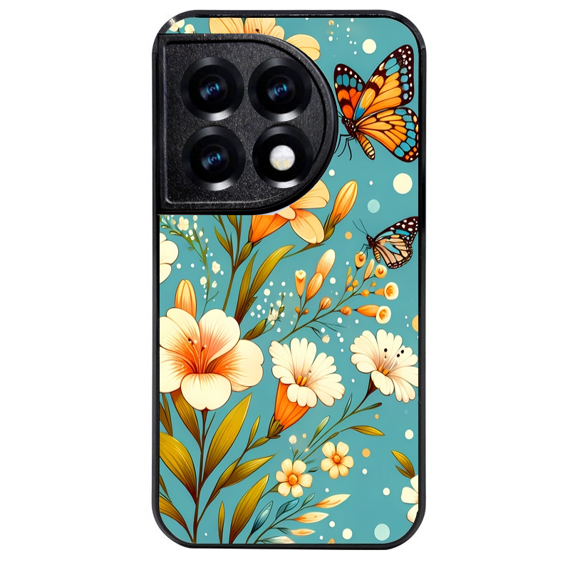 Coque noire taperso pour OnePlus 11 et 12 avec motif fleur orange protection antichoc personnalisée