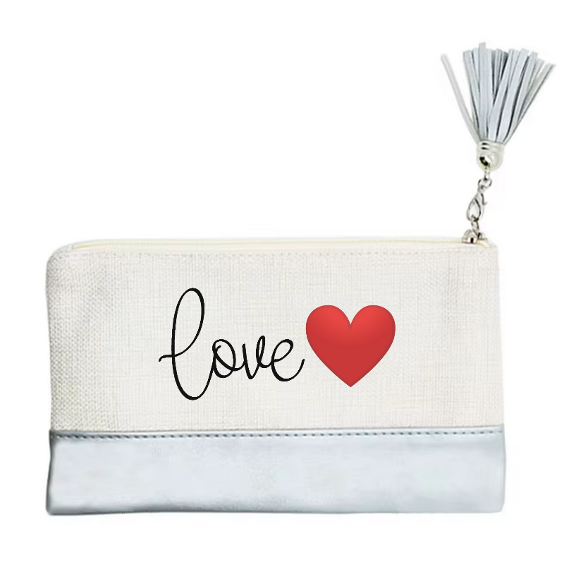 Pochette motif love et cœur en toile et simili cuir