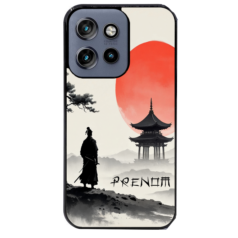 Coque noire taperso pour Moto Edge 60 et Neo Fusion Pro avec motif samourai et temple personnalisee protection antichoc personnalisée