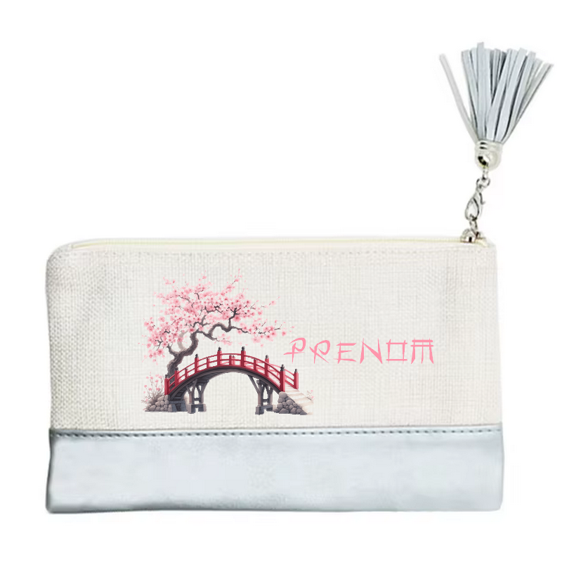 Pochette personnalisée motif japan cerisier en toile et simili cuir personnalisée