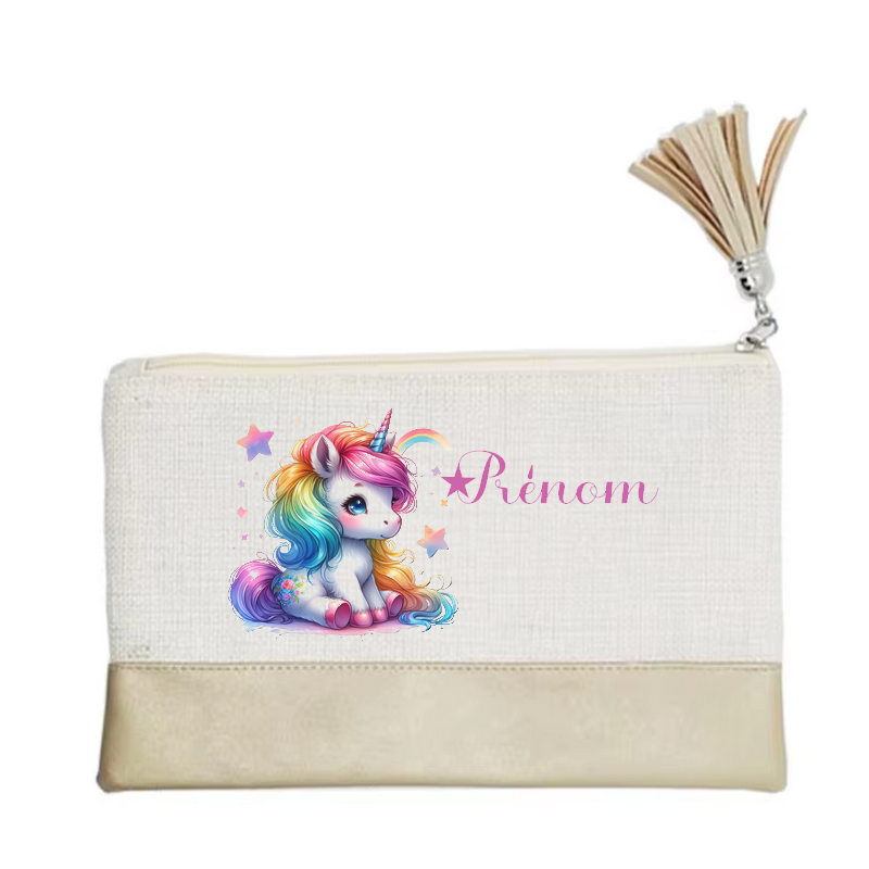 Pochette personnalisée motif licorne étoile en toile et simili cuir personnalisée