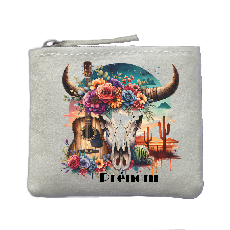 Porte monnaie personnalisé skull bull western ivoire en feutrine en feutrine ivoire