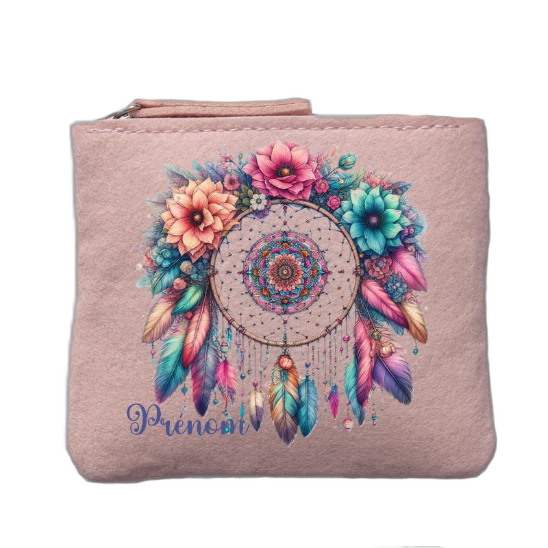 Porte monnaie personnalisé motif dreamcatcher fleurs rose clair en feutrine en feutrine