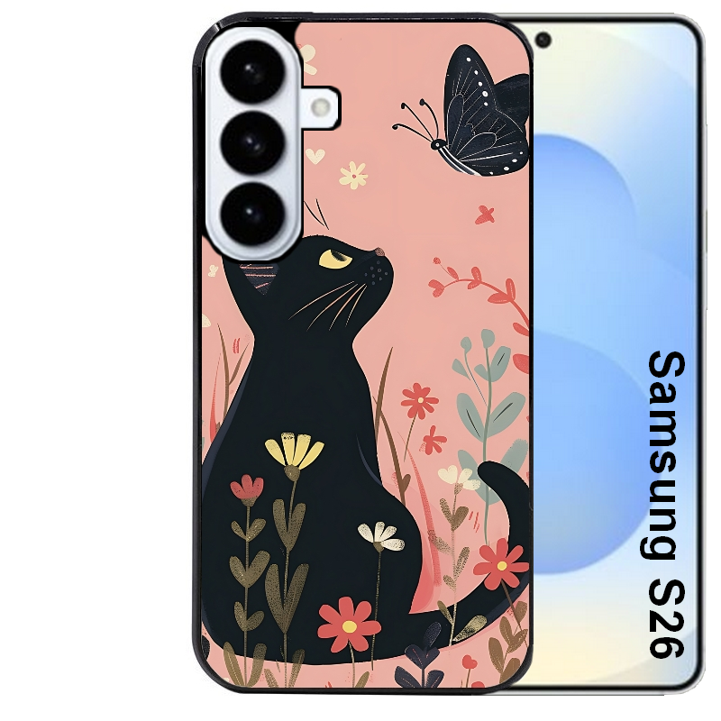 Coque noire taperso pour galaxy S26 et PLUS ULTRA FE avec motif chat papillon 2 protection antichoc personnalisée