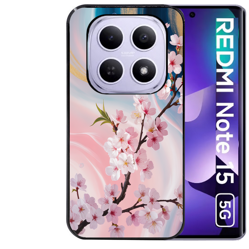 Coque noire taperso pour Redmi Note 15 et PRO PLUS 4G 5G avec motif marbre fleur cerisier protection antichoc personnalisée