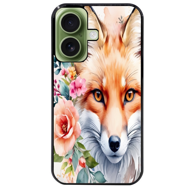 Coque noire taperso pour Iphone 16 16E PLUS MAX PRO avec motif renard fox et fleurs protection antichoc personnalisée