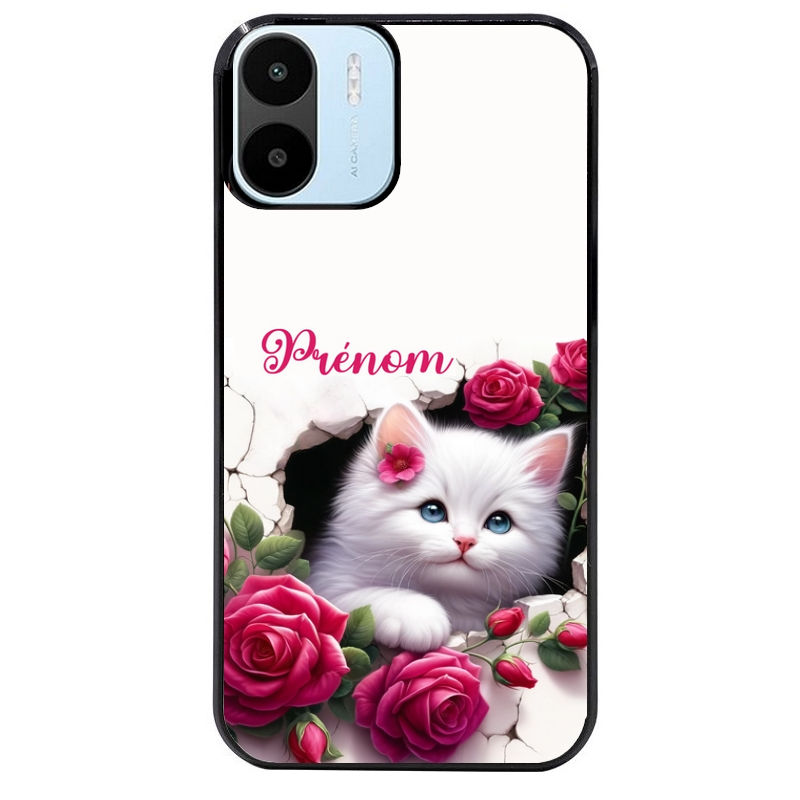 Coque noire taperso pour Redmi A1 et A2 avec motif chat fleurs personnalisee protection antichoc personnalisée