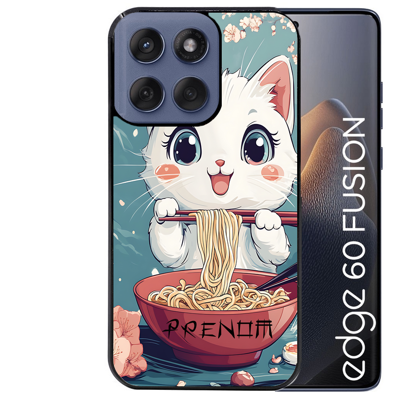 Coque noire taperso pour Moto Edge 60 et Neo Fusion Pro avec motif chat ramen cerisier protection antichoc personnalisée