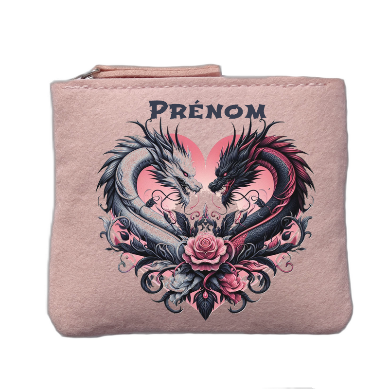 Porte monnaie personnalisé motif coeur dragon rose clair en feutrine en feutrine