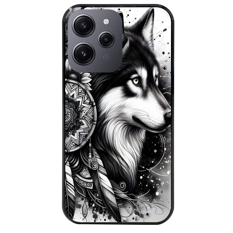 Coque noire taperso pour Redmi 12 4G et 5G avec motif loup dreamcatcher protection antichoc personnalisée