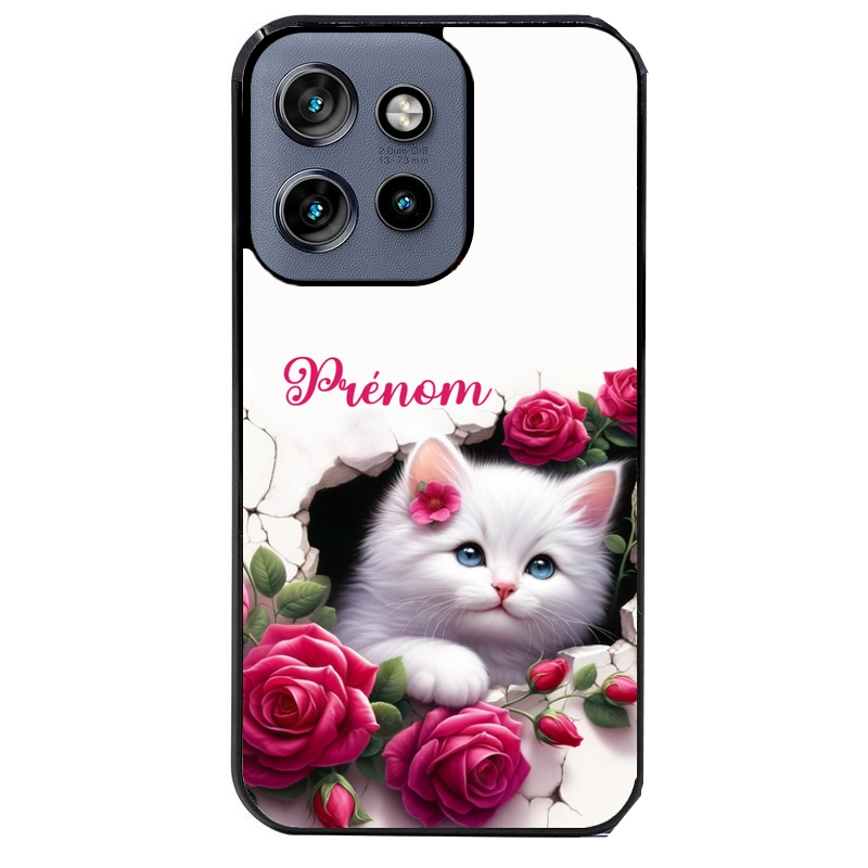 Coque noire taperso pour Moto Edge 60 et Neo Fusion Pro avec motif chat fleurs personnalisee protection antichoc personnalisée