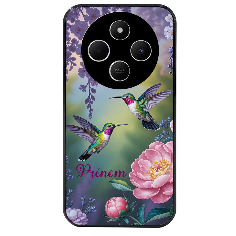 Coque noire taperso pour POCO C75 avec motif colibri couple personnalise protection antichoc personnalisée