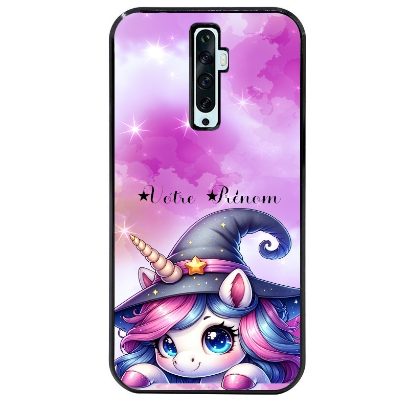 Coque noire taperso pour OPPO Reno 2 et 2Z avec motif licorne magic avec prenom protection antichoc personnalisée