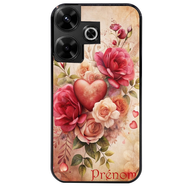 Coque noire taperso pour POCO M6 4G avec motif coeur et fleur personnalisee protection antichoc personnalisée