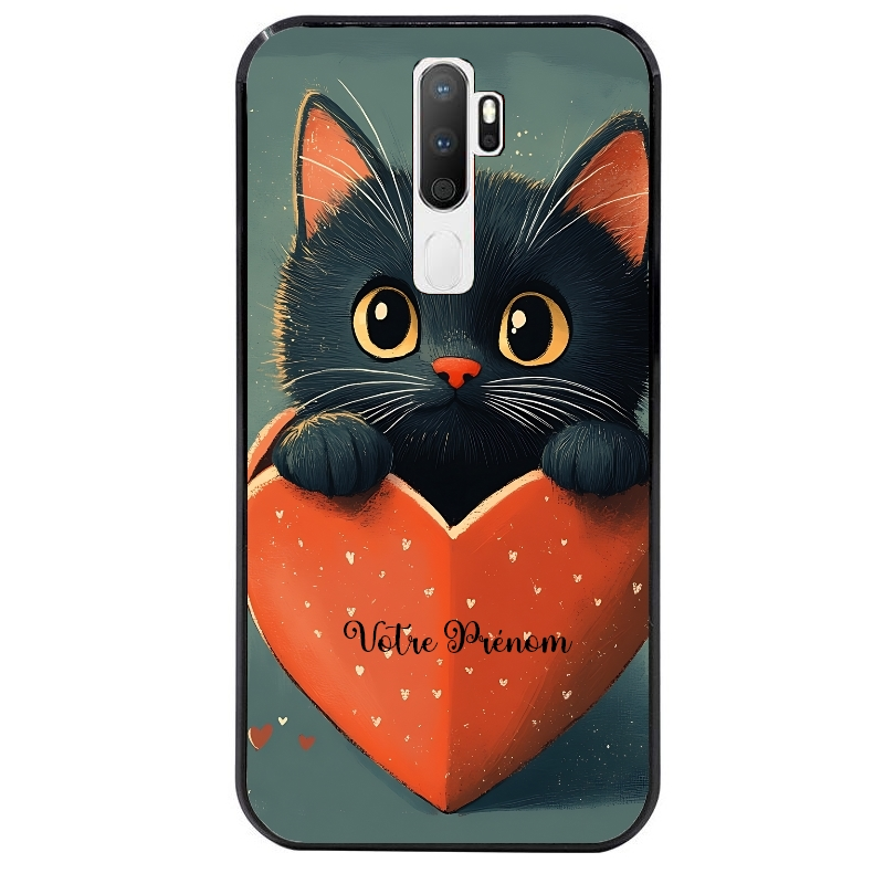 Coque noire taperso pour OPPO A5 A9 2020 avec motif chat et coeur avec prenom protection antichoc personnalisée