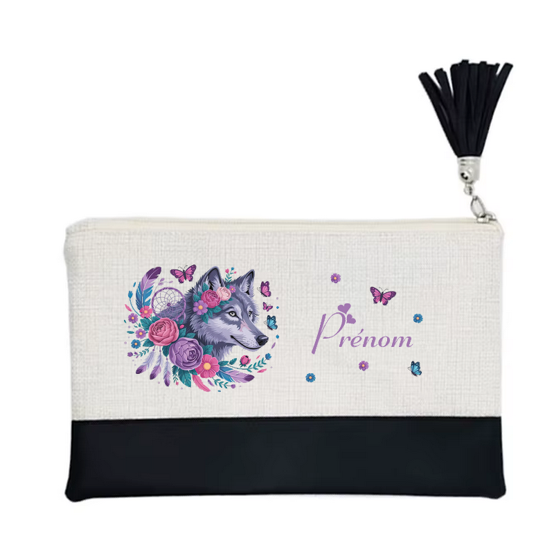Pochette personnalisée motif loup dreamcatcher en toile et simili cuir personnalisée