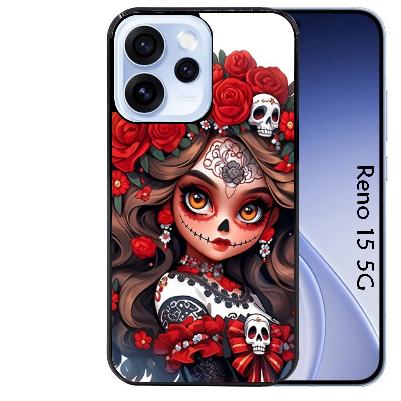 Coque noire taperso pour OPPO Reno 15 et F FS 5G avec motif tete de mort calavera rouge protection antichoc personnalisée