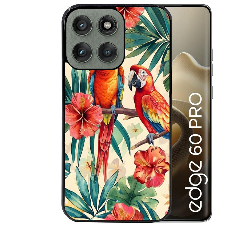 Coque noire taperso pour Moto Edge 60 et Neo Fusion Pro avec motif perroquet et fleurs protection antichoc personnalisée