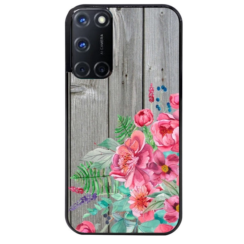Coque noire taperso pour OPPO Reno 8 LITE avec motif bois gris et fleur rose protection antichoc personnalisée