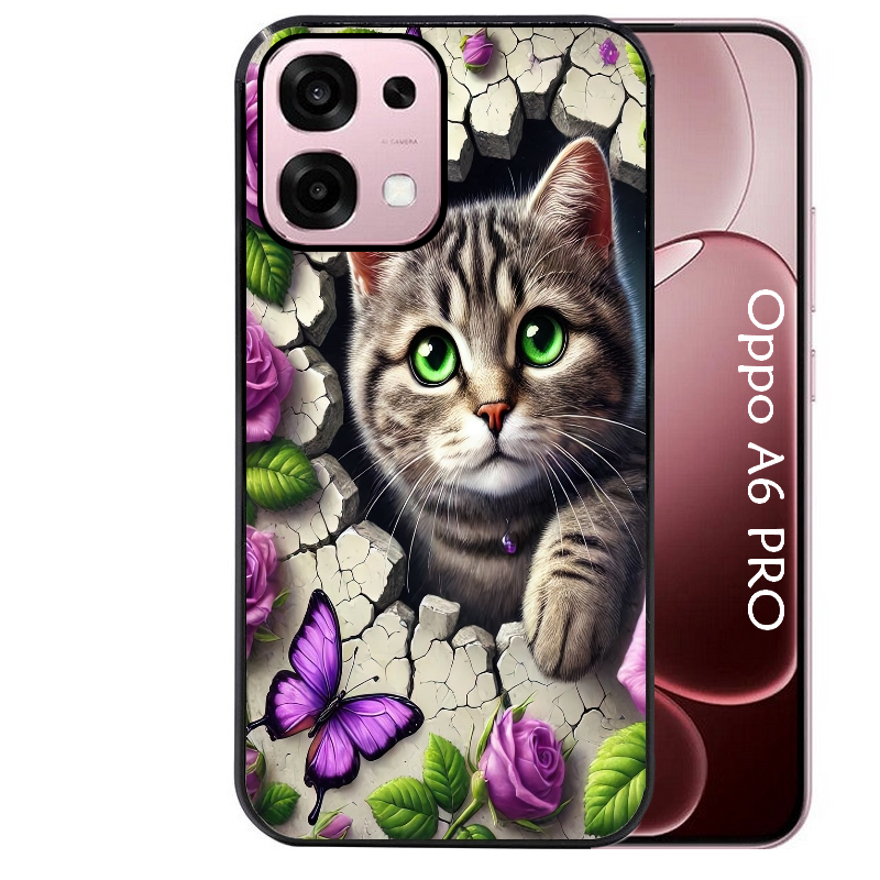 Coque noire taperso pour OPPO A6 PRO 4G et 5G avec motif chat papillon 3 protection antichoc personnalisée