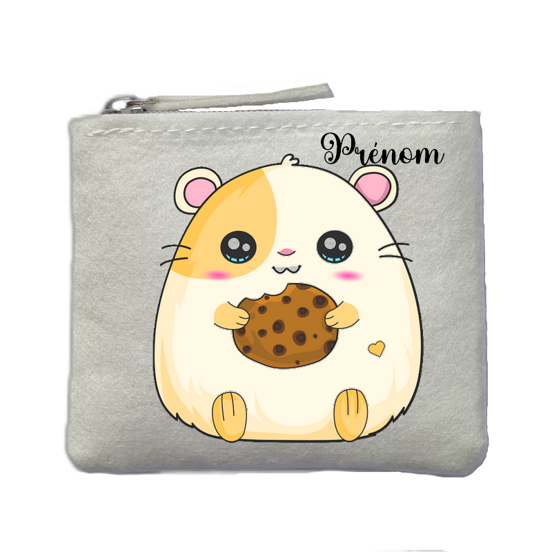 Porte monnaie personnalisé hamster cookie ivoire en feutrine en feutrine ivoire