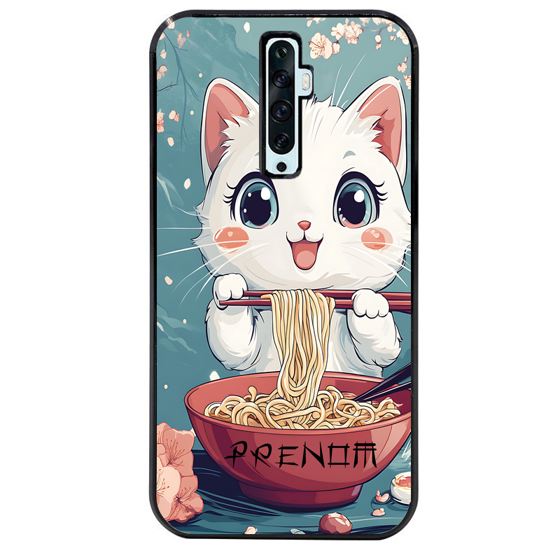 Coque noire taperso pour OPPO Reno 2 et 2Z avec motif chat ramen cerisier protection antichoc personnalisée