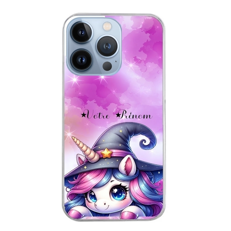 Coque taperso pour Iphone 13 et PRO MINI PRO MAX avec motif licorne magic avec prenom protection antichoc personnalisée