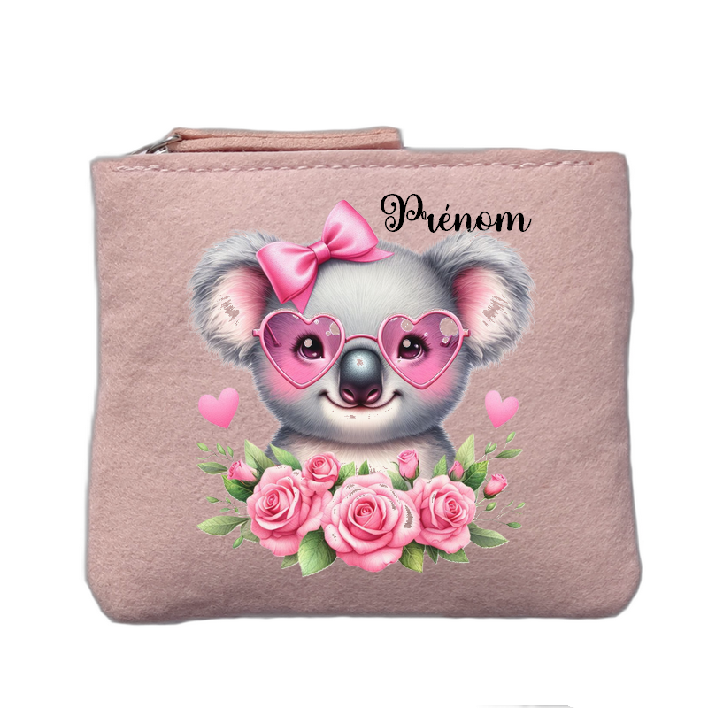 Porte monnaie personnalisé motif koala noeud rose clair en feutrine en feutrine