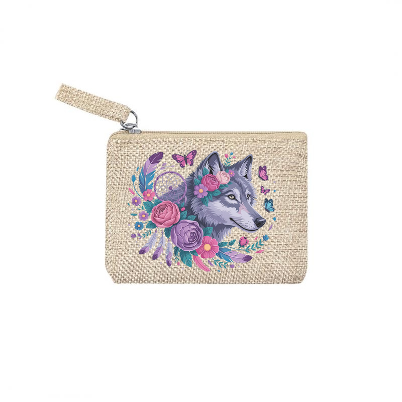 Pochette personnalisée motif loup dreamcatcher en toile et simili cuir personnalisée