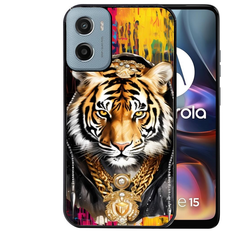 Coque noire taperso pour Moto E13 E14 E15 avec motif tigre style hip hop protection antichoc personnalisée