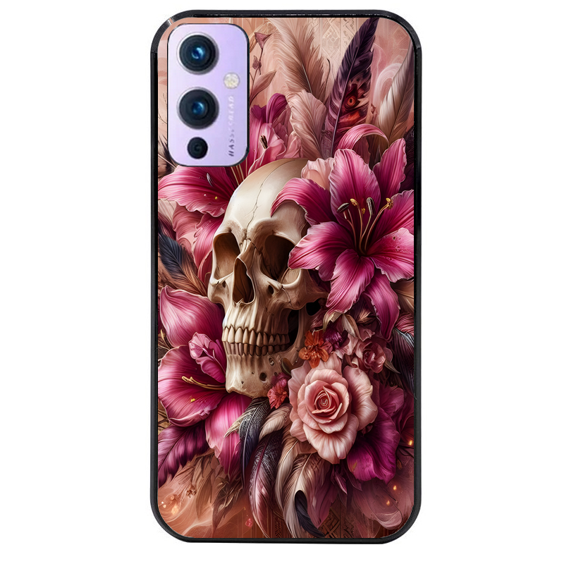 Coque noire taperso pour OnePlus 9 et 9 PRO avec motif tete de mort skull plume protection antichoc personnalisée