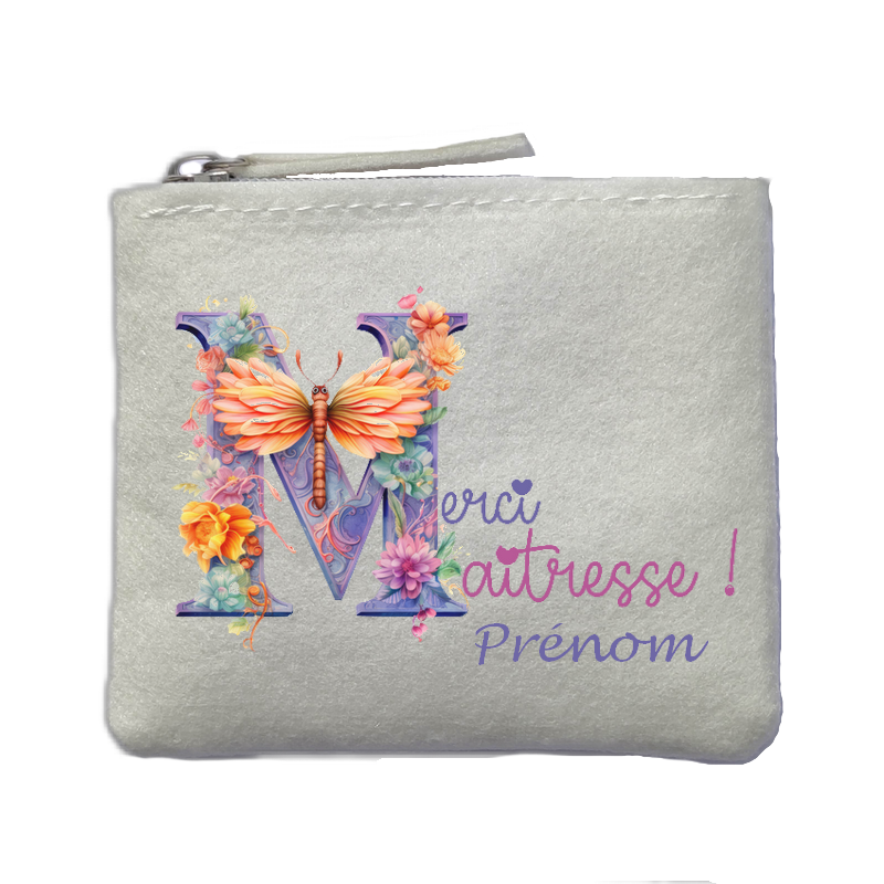 Porte monnaie personnalisé maitresse merci fleurs ivoire en feutrine en feutrine ivoire