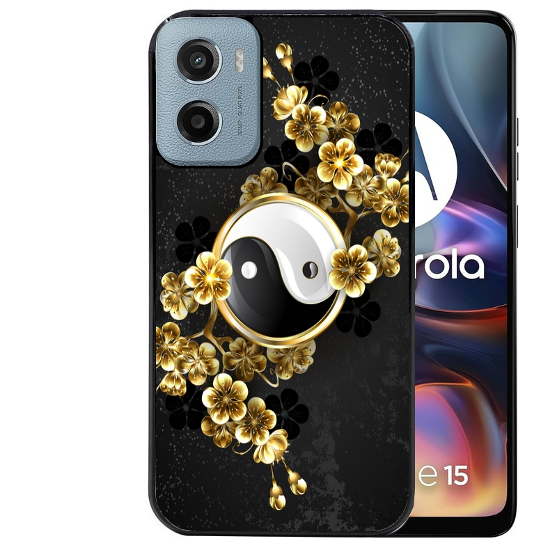 Coque noire taperso pour Moto E13 E14 E15 avec motif yin yang et fleur protection antichoc personnalisée